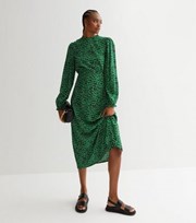 New Look Tall Green Abstract High Neck Puff Sleeve Midi Dress